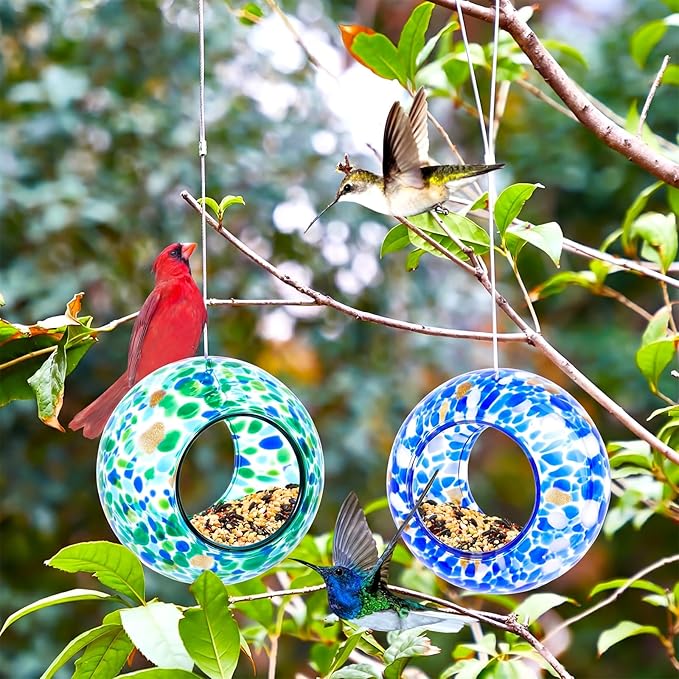 Patelai 2 Pcs Bird Feeder Mosaic Glass Hanging Bird Feeder Round Birdfeeder Fly Through Balcony Birdfeeder for Backyard Window Outdoor Garden Deck Porch Decorations, 6 Inch (Cute)