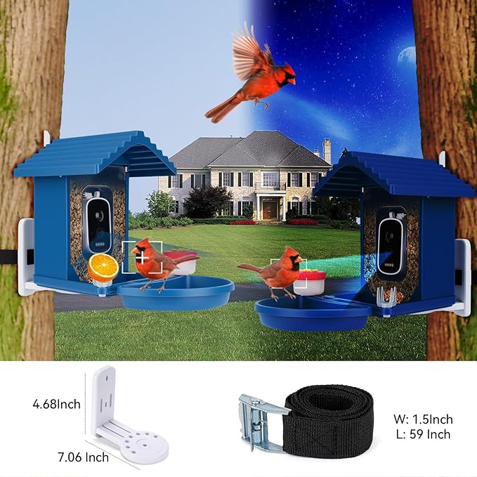 Bird Feeder with Camera Solar Powered,2.5K HD Video Bird House Live View,Smart AI Bird Species Identification for Outside Garden,Birds Bath,Ideal Gift for Birds Lover,Hummingbird (Blue)