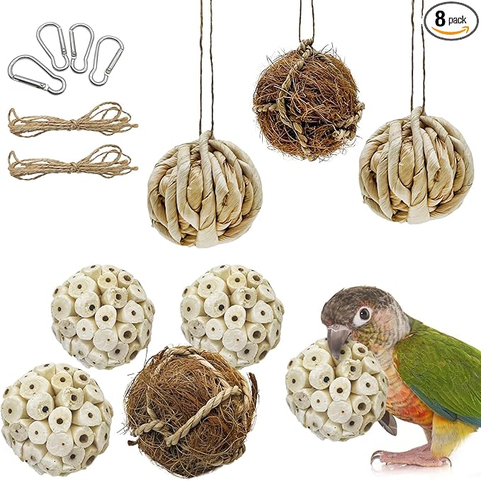 BNOSDM 8PCS Natural Bird Chew Toys Sola Balls Shred Toy Lightweight Conure Foot Toy Interactive Parrot Foraging Toys Bird Chew Balls with Hemp Rope Hook for Budgies Cockatiels Parakeets Senegal