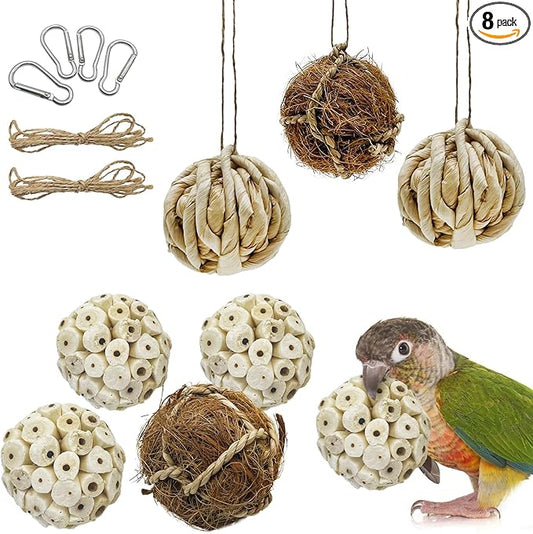 BNOSDM 8PCS Natural Bird Chew Toys Sola Balls Shred Toy Lightweight Conure Foot Toy Interactive Parrot Foraging Toys Bird Chew Balls with Hemp Rope Hook for Budgies Cockatiels Parakeets Senegal