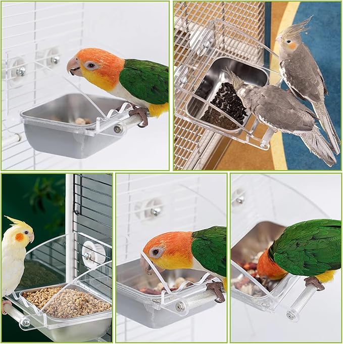 BNOSDM Bird Feeder for Cage with Stainless Steel Food & Water Bowl Acrylic Parakeet Seed Dishes with Anti-Slip Perch Stand for Parrot, Cockatiel, Lovebird, Canary, Finch,Conure,Cockatoo, Pigeon