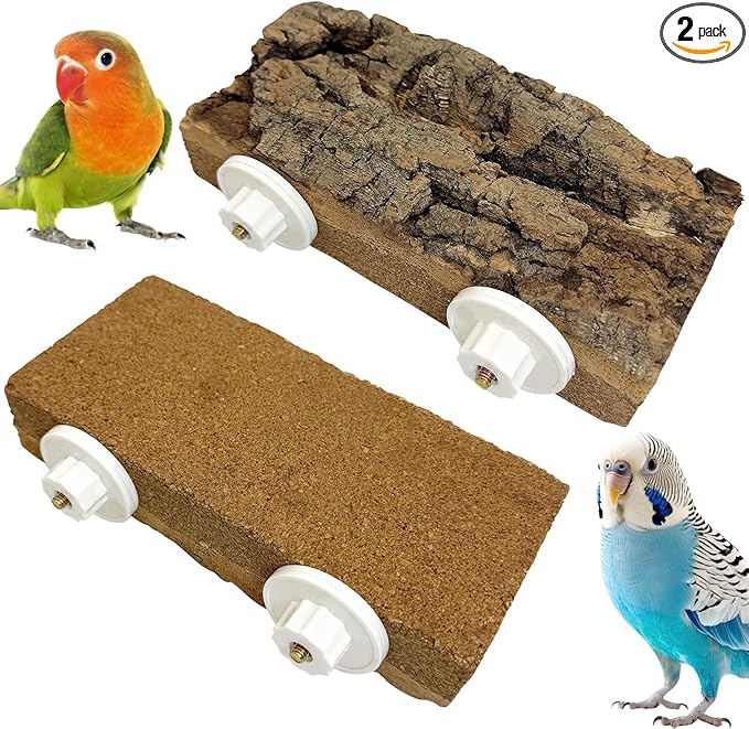 kathson 2Pcs Natural Cork Bird Perch Stand Platform Small Birds Thicken Wooden Rectangle Stand Perch Parakeet Chewing Toy Cage Accessories for Lovebirds Cockatiels Conures(Double Screw, 1.9 in Thick)