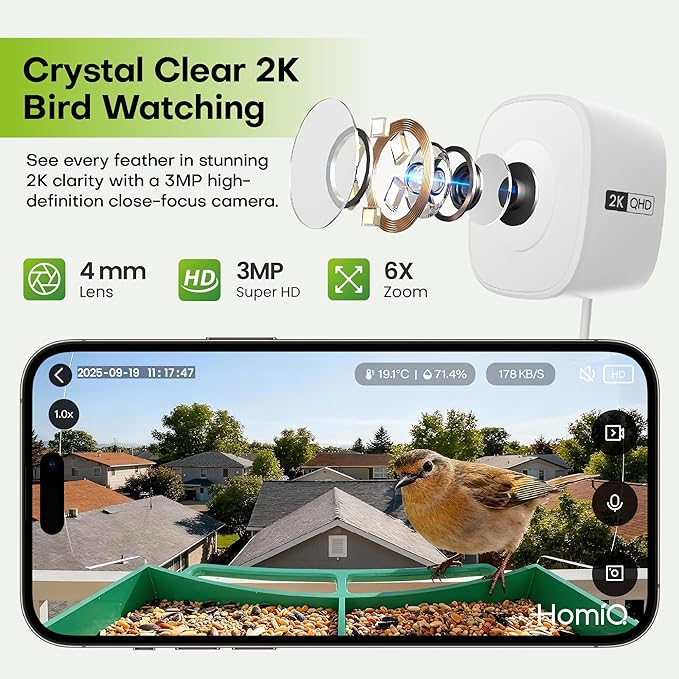 Smart Bird Feeder with Window Camera, 2K HD Camera for Window Viewing, AI BirdSpecies Recognition & Instant Alerts, Sturdy Acrylic Outdoor, Alexa Compatible, Gift for Bird Lovers