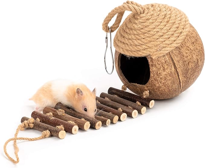 andwe Coconut Bird Nest Hut with Ladder for Parrots Parakeet Conures Cockatiel - Small Animals House Pet Cage Habitats Decor