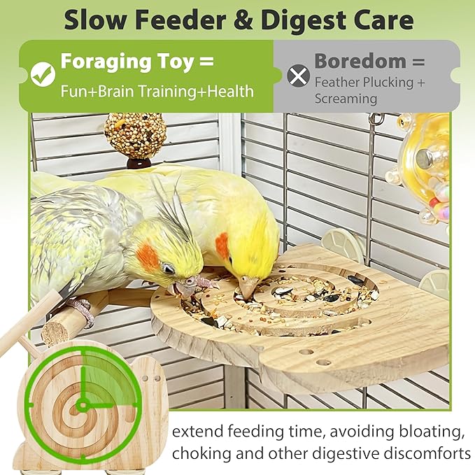 Bird Foraging Toys with Perch, Kiln-Dried Wood Bird Enrichment Toys for Slow Feeder, Parakeet Toy for Cages Reduce Seed Mess, Visible Food Design Parrot Puzzle for Novice/Older/Slow-Learning Birds