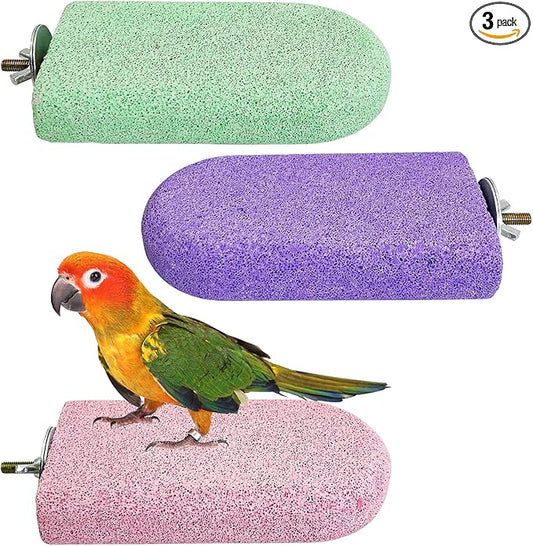 PINVNBY 3 PCS Bird Perches Calcium Parrot Perch Stand Bird Beak Grinding Stone Foot Claws Trimmer Multiple Colors Parakeets Chewing Toys Bird Cage Accessories for Budgie Cockatiel Conure Lovebird