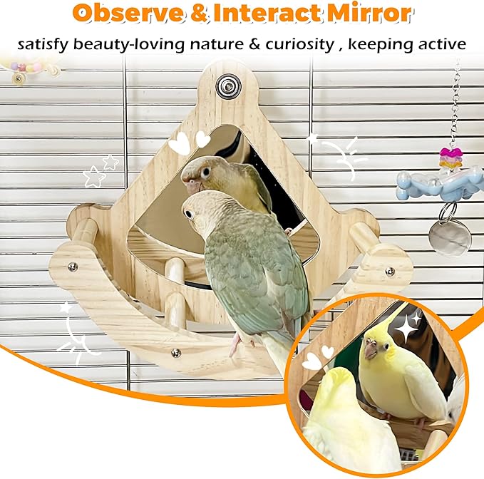 Bird Perch Toy with Mirror for Cage, Interactive Rocking Parakeet Toys and Perches, Wood Exercise Wheel Cockatiel Toys, Birds Enrichment Toy for Parrot, Bird Cage Accessories Perch for Budgies Conure