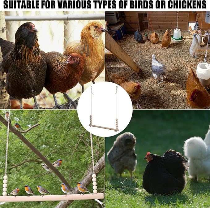 Chicken Swing Toy, Natural Wooden Chicken Bird Swings with Wooden Beads, Wood Stand Chicken Coop Accessories for Poultry Run Rooster Hens Chicks Pet Parrots