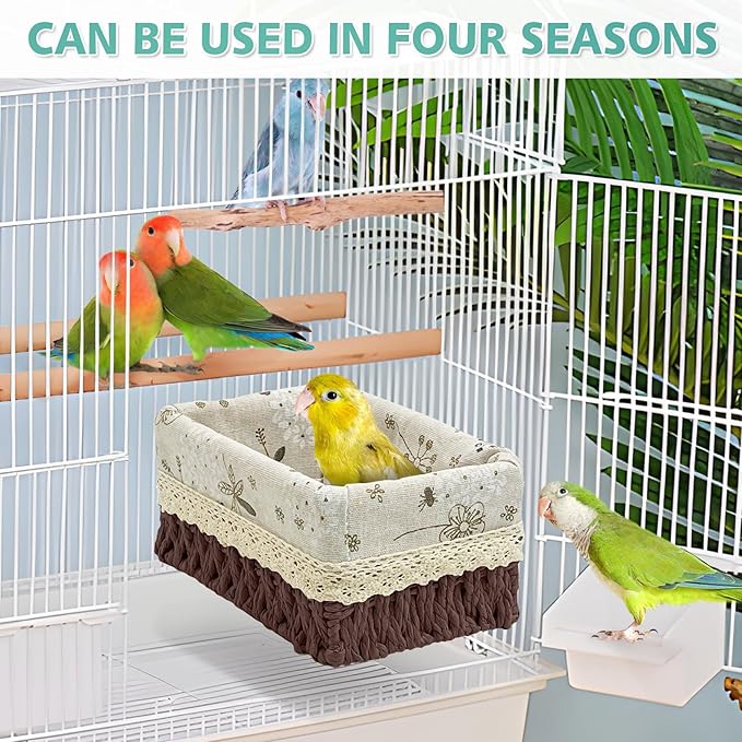 kathson Bird Nest Parrot House Birds Sleeping Bed Straw Weave All Season Hanging Hammock Bird Bed Snuggle Hut Birdcage Accessories for Parakeets Budgies Cockatiels Conures Quaker Parrot (Brown)