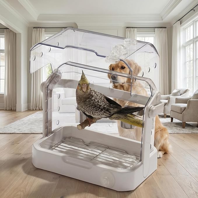 Bird Travel Cage, 10×6.7×8.3 Inches Waterproof & Sturdy Pet Carrier with Perch & Food Bowls, Portable Cage for Budgies, Cockatiels, Lovebirds & Small Birds