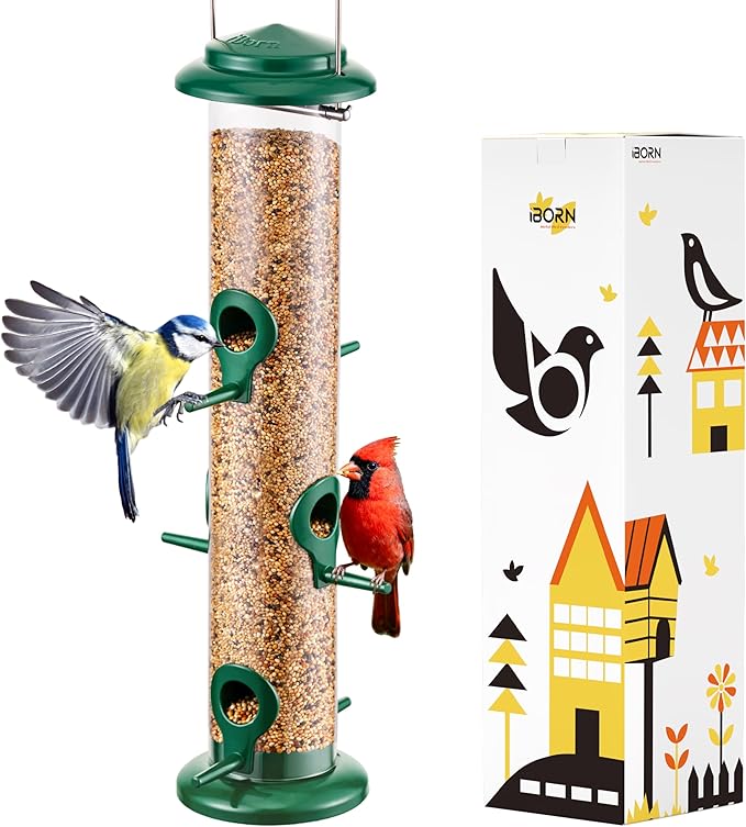 iBorn Metal Bird Feeders 6 Ports Hanging Wild Bird Seed Feeder for Mix Seed Blends, Seed Feeder, Sunflower Heart, Birdbath, Heavy Duty All Metal Green Finishing 15 Inch 6Port,Gift Box
