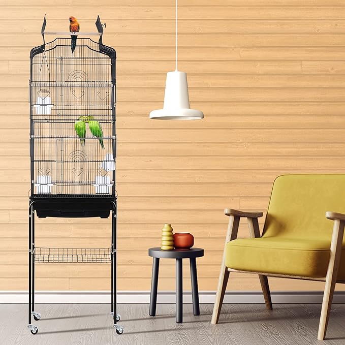 HCB 64-Inch Open Top Standing Bird Cage with Rolling Stand for Parrots Lovebirds Parakeets Cockatiel Medium Small Bird Cage, Black, 64 Inch (Pack of 1)