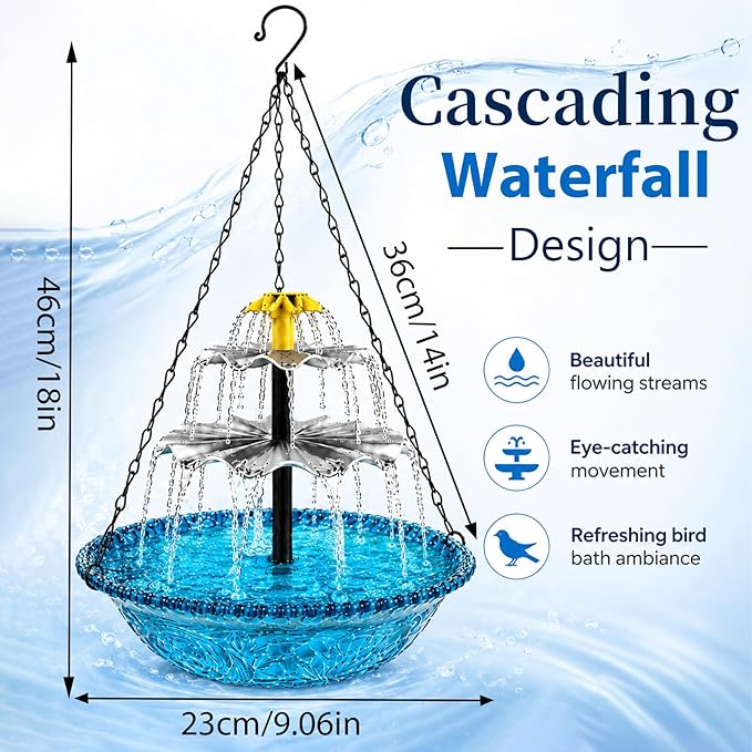 Hanging Bird Bath with Textured Bowl and Metal Chains, Solar Fountains with Cascade Flow for Outdoor Garden, Patio, and Yard Decor (Pink(L))