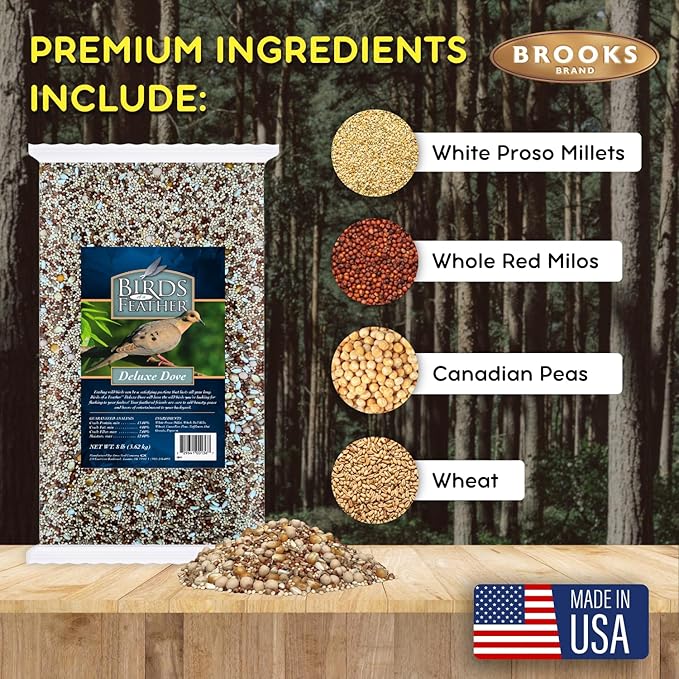 Brooks Brand Birds of a Feather Deluxe Dove Food, Pigeon Food, Mourning Dove Outdoor Bird Seed, Dove Bird Seed, Comida para Palomas, Made in USA, 8 lbs