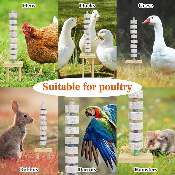 Hamiledyi Chicken Chewing Toy Chicken Coop Accessories with Calcium Stone & Wood Stake Enrichment Toys for Hens, Ducks, Geese, Cockatiel, Parakeet, Parrot, Budgie