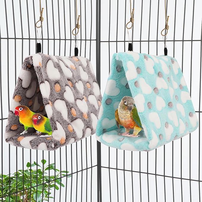 2PCS Bird Bed for Cage, Warm Cozy Hanging Bird Hammock Hut Tent for Parrot, Finch, Budgies, Parakeets, Cockatiels, Soft Plush Hideaway Bird Hut Beds (Coffe+Green)
