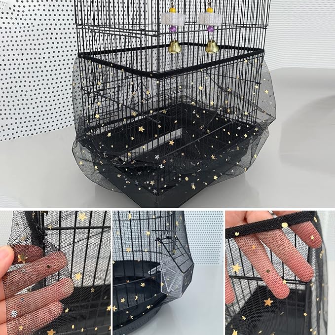 2-Piece Universal Bird Cage Cover in Black and White with Stars and Moon Patterns, Adjustable Soft and Breathable Nylon Net Cover,Bird Cage Seed Catcher Parrot Cage Net Skirt.