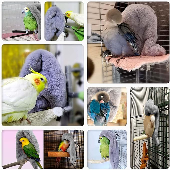 SIMENA Bird Blanket for Cage, Corner Fleece Bed for Birds, Cozy Bird Warmer, Parrot House for Cage, Cuddle Nest Hanging Toy for Lovebirds Parakeet (Grey, Medium)