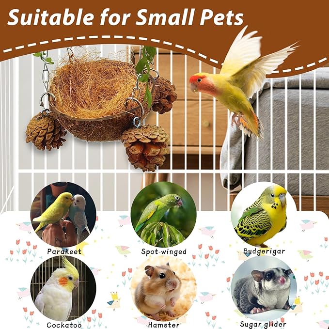 PINVNBY Natural Coconut Shell Bird Nest for Cage Coconut Fiber with Warm Pad Coconut Hide Bird Swing Toys for Bird Conure, Budgie, Cockatiel, Lovebird, Sugar Glider, Canary, Hamster