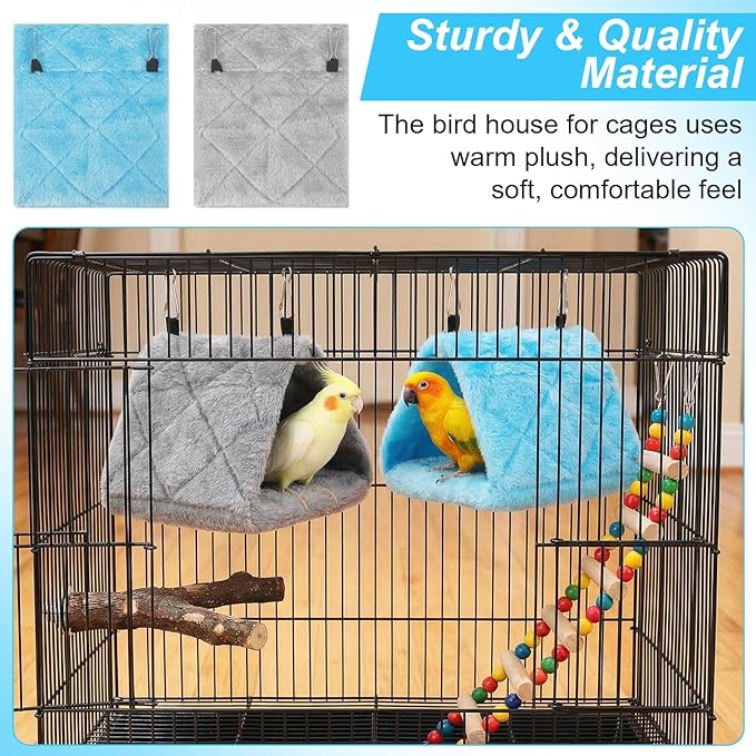 2Pcs Bird Nest Hammock, Birds Hut for Cage, Warm Plush Snuggle Cave Hanging Bed, Parrot Sleeping Bed for Budgies, Parakeets, Cockatiels & Small Parrots (Blue & Grey Size S)