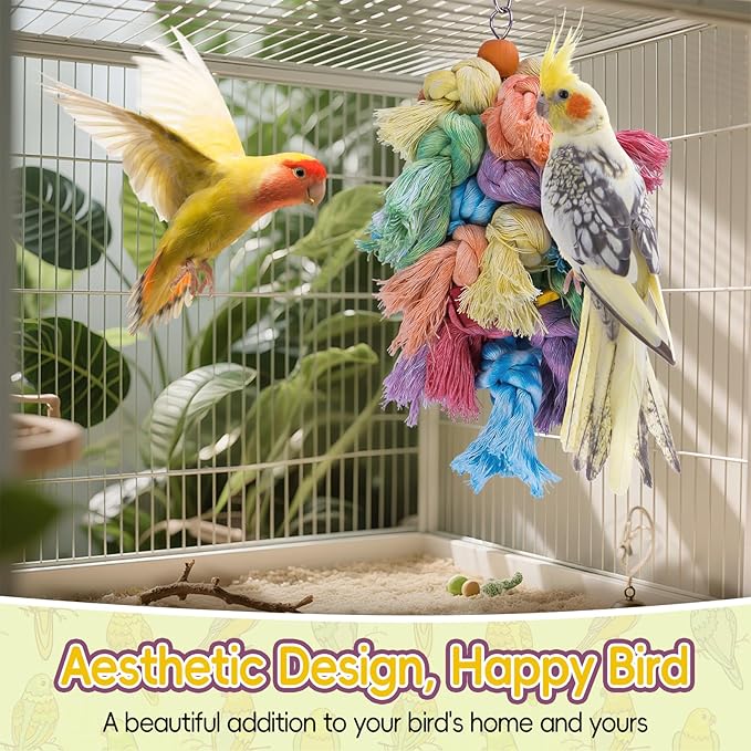 Bird Preening Toy - Natural Cotton Rope & Wood Blocks to Support Feather Health, Safe Screw-Link Enrichment Hanging Toy for Cockatiels, Conures, Parakeets,Lovebirds