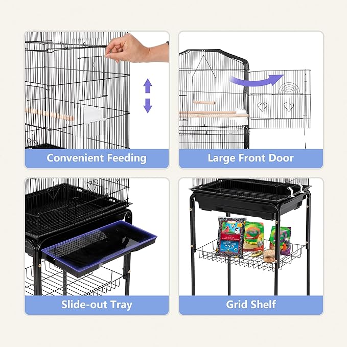 ZENY 63.4 Inch Bird Cage, Rolling Wrought Iron Parrot Cage with Side-Out Tray, Storage Shelf, Pet Bird House for Parrot Cockatiel Cockatoo Parakeet Macaw Finches