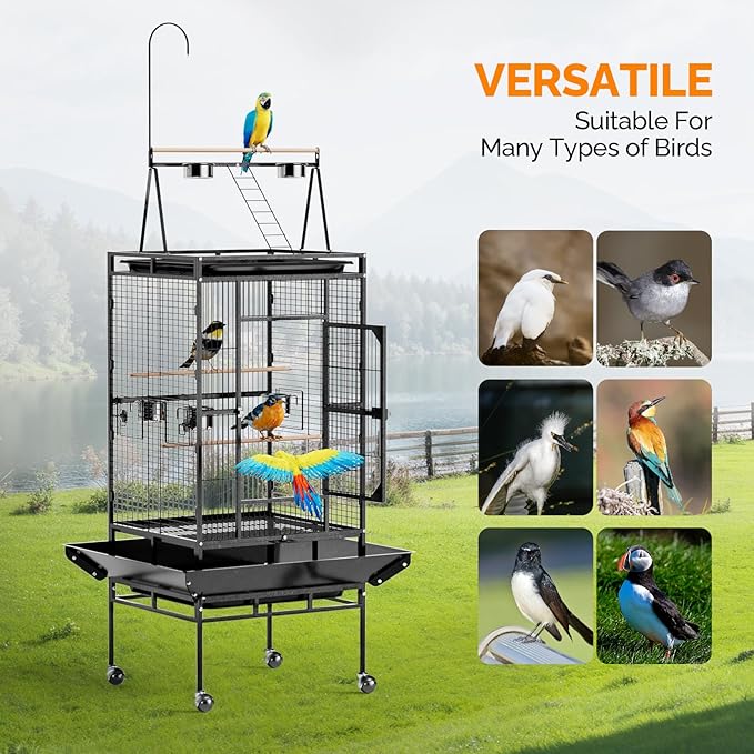 VINGLI 83 Inch Bird Cage with Play Top, Large Wrought Iron Bird Cage with Wheels, Rolling Parakeet Cage with Removable Tray for Cockatiels Lovebird Finches Canaries