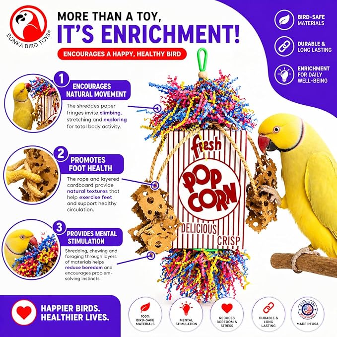 Bonka Bird Toys Popcorn Explosion Bird Toy 15" x 6" Foraging Shredding Toy for Small to Medium Birds Parakeets Cockatiels Conures Natural Paper Cardboard Hanging Cage Toy (Pack of 1)
