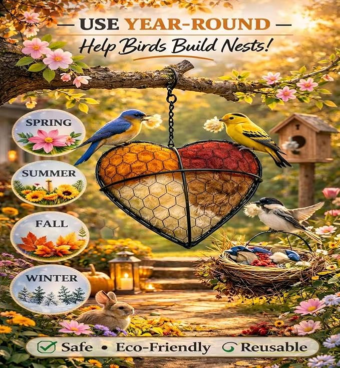 Handmade Alpaca Fiber Heart Bird Nesting Holder for Garden Birds — Cozy Outdoor Gift-Harvest