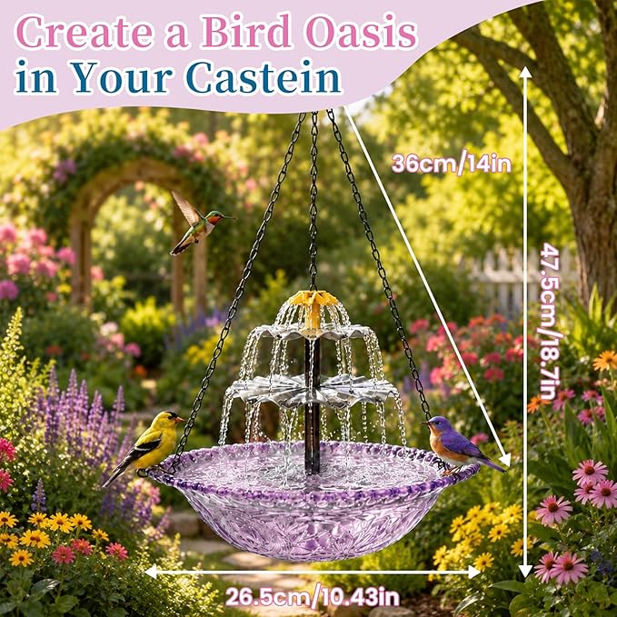 Solar Cascade Hanging Bird Bath Fountain, Large Plastic Bowl with Suspension Chain for Outside Garden, Patio & Yard Decor (Purple)
