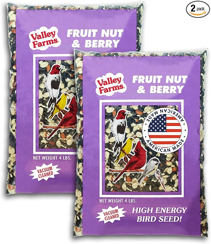 Valley Farms Fruit Nut & Berry 4 LB 2-Pack (8 LB Total) Wild Bird Food for Outside Feeders, Bird Seed with Dried Fruit, Peanuts Sunflower Hearts, Safflower High Energy Mix for Healthy Birds!