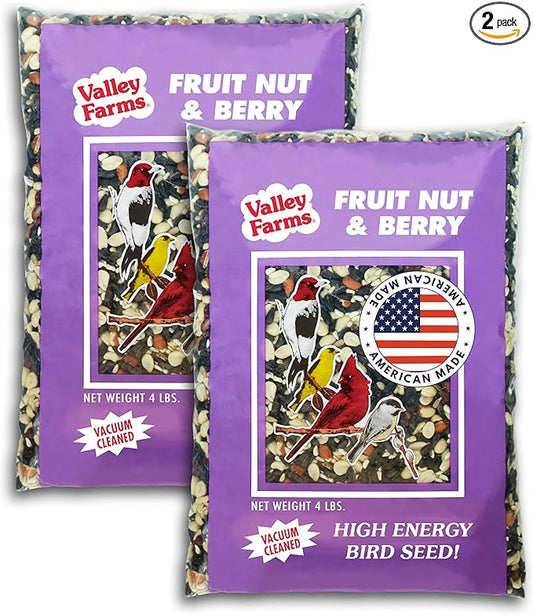 Valley Farms Fruit Nut & Berry 4 LB 2-Pack (8 LB Total) Wild Bird Food for Outside Feeders, Bird Seed with Dried Fruit, Peanuts Sunflower Hearts, Safflower High Energy Mix for Healthy Birds!