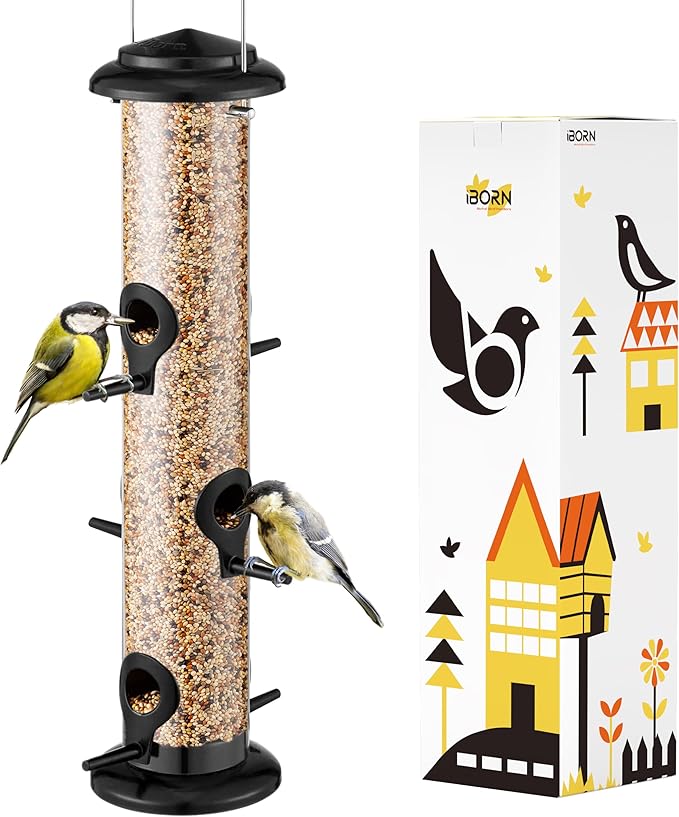 iBorn Metal Bird Feeders Black Wild Bird Feeder for Outdoors Hanging All Metal Black Finishing 15 Inch 6 Port(Seed is not Included)