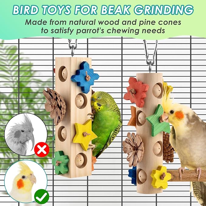 DBNESS Bird Toys for Parrot, 2 Pcs Hanging Colorful Wood Blocks Pine Cones Parakeet Chew Foraging Toy for Beak-Grinding, Cage Accessories for Small to Medium Budgies, Cockatiels, Caiques, Conures