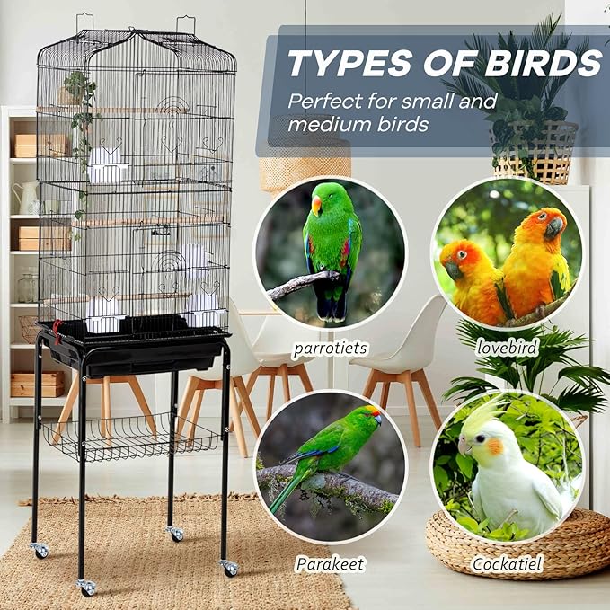 HCY Open Top Standing Bird Cage 64 Inch with Rolling Stand for Parakeets Cockatiel Parrots Lovebirds Medium Small Bird Cage-Black, L18 * W14 * H62 inches