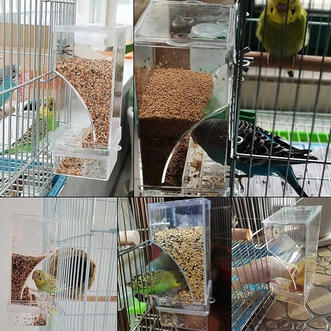 kathson No-Mess Bird Cage Feeder Automatic Parrot Feeders Seeds Container Acrylic Finch Foraging Feeders Parakeet Food Dispenser Cage Accessories for Small Birds Canary Budgie Lovebirds