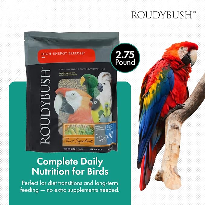 Roudybush High Energy Breeder Food for Breeding & Weaning Birds - Scientifically Formulated Bird Feed - Bird Food Pellets w/Corn, Wheat, Soy & More - Nutritious & Healthy Feed for Birds (Mini, 44oz)