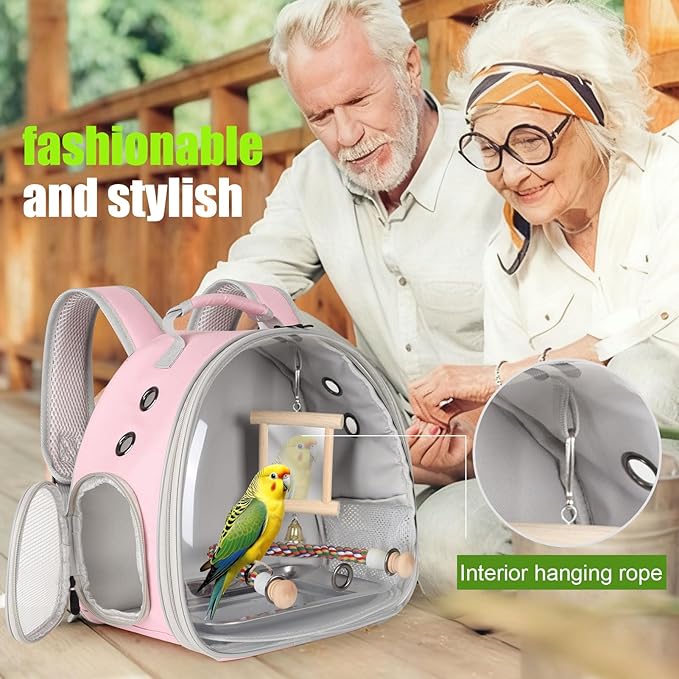 Portable Parrot Travel Cage Carrier with Mirror Standing Toy Set Small Bird Parakeet Bag with Standing Perch Bird Carry Transport Bag (Pink, Backpack/Mirror)