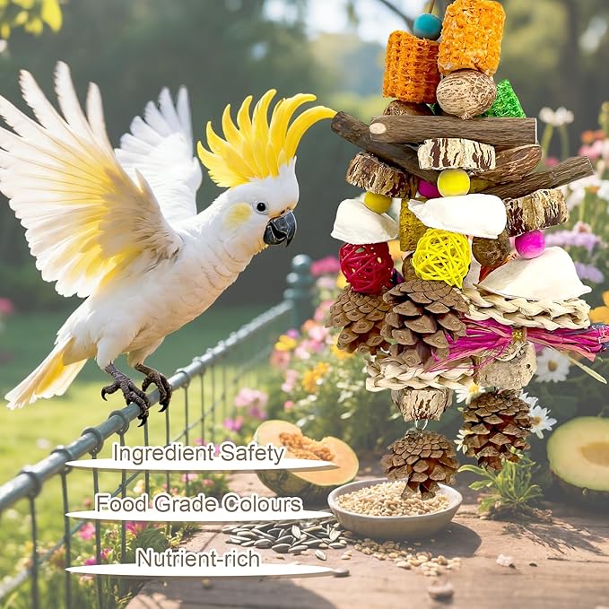 Parrot Toys, Natural Wooden Nutrient-Rich Bird Toy with Cuttlefish Bone, Pine Cones, Wooden Mango & Carambola, Corn Cob Chew Toy, Hanging in Cage for Cockatiel, Quaker Parrot,Conures,Monk Parakeet