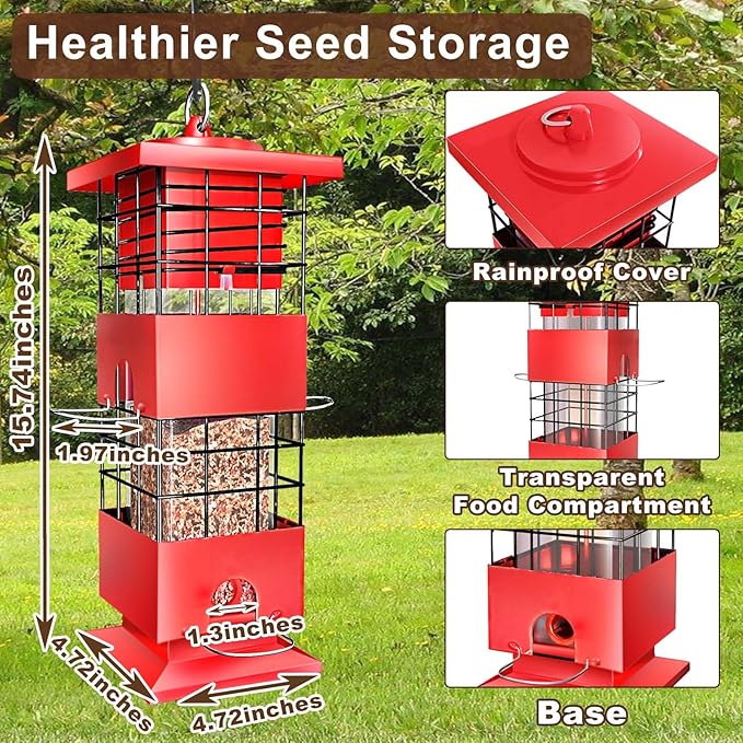 Bird Feeders Squirrel Proof for Outdoors, 3LBS Metal Hanging Bird Feeders, Weight-Activated Perches Anti-Squirrel Birdfeeder for Blue Jay, Cardinal, Outside (Red)