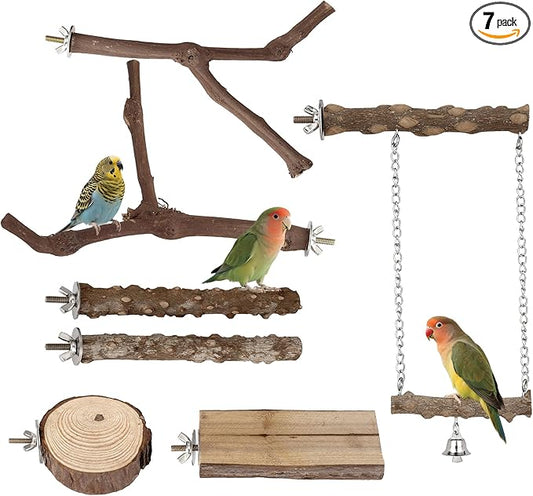 7pcs Set Natural Wood Bird Perches for Cage Wooden Bird Cage Accessories Including Curved Grape Stands Chewing Sticks Platforms Birds Swing Toy for Parakeets Cockatiels Small & Medium Birds