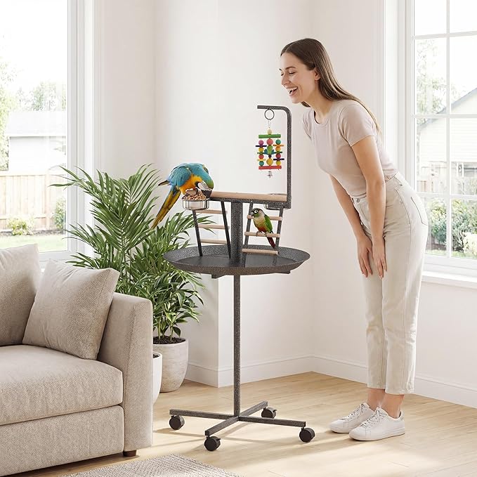 PawHut Bird Stand, Parrot Stand with Wheels, Perch, Stainless Steel Feed Bowls, Round Tray for Indoor Outdoor, Dark Gray