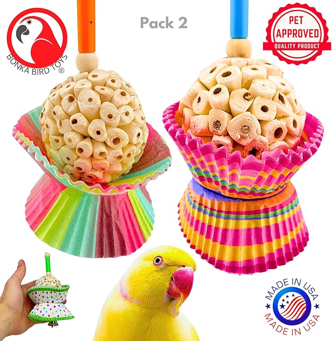 Bonka Bird Toys 1925 Cake Bird Toy – Sola Plant, Paper & Wood Chewing Shredding Foraging Toy for Extra Small to Small Birds – Cage Enrichment – 7" x 4.5" (Pack of 2)