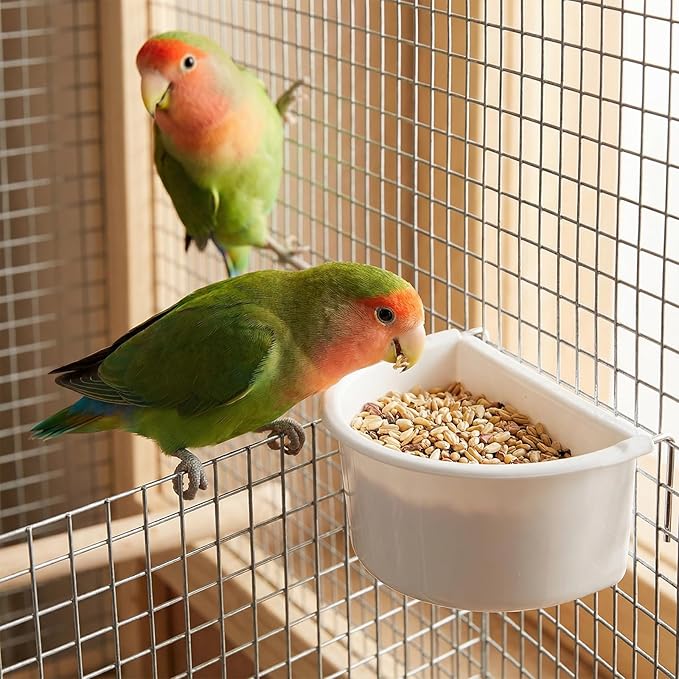 2 Pack Bird Cage Feeder, Plastic Hanging Feeder Cup with Metal Hooks Food and Water Dispenser Bowl for Small Birds Parakeet