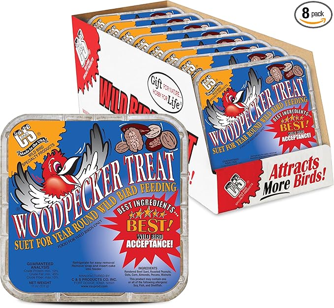 C&S Woodpecker Suet Treat, Outdoor Wild Bird Food for Woodpeckers, Flickers and More, 8 Pack