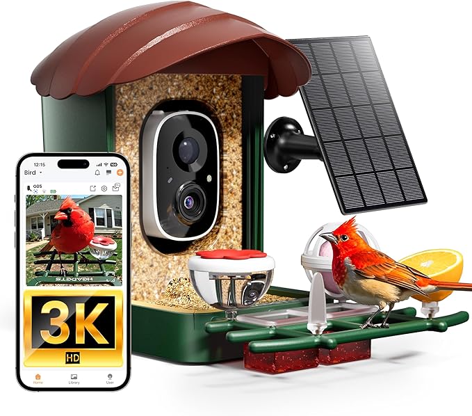 HEAPETS Bird Feeder with Camera Solar Powered, 3K HD Video, AI Bird Recognition, Auto Capture with Instant Notifications, IP65 Weatherproof, Gifts for Seniors Bird Watchers, Brown