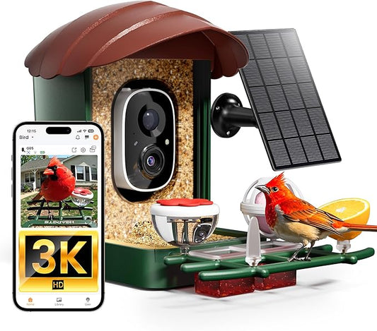 HEAPETS Bird Feeder with Camera Solar Powered, 3K HD Video, AI Bird Recognition, Auto Capture with Instant Notifications, IP65 Weatherproof, Gifts for Seniors Bird Watchers, Brown