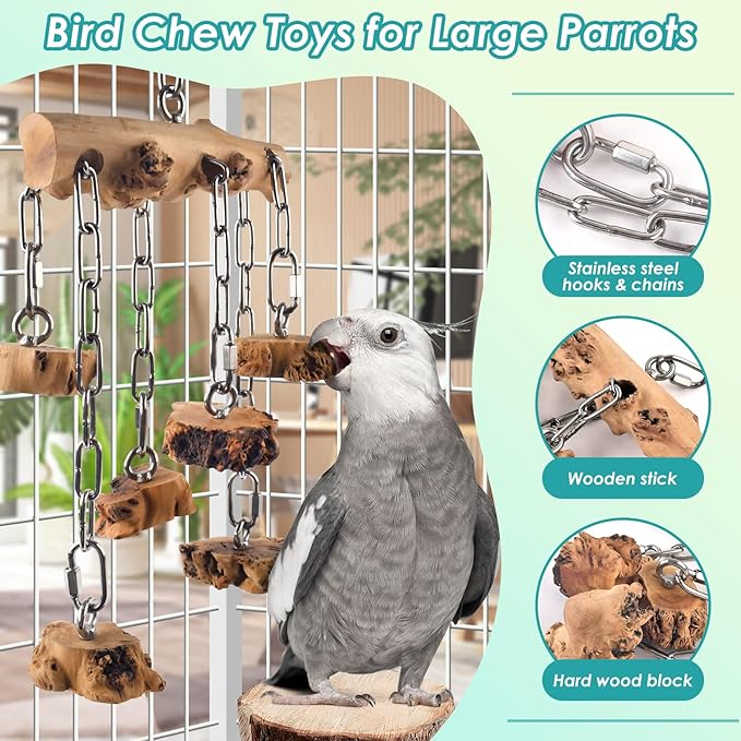 DBNESS Bird Toys for Parrots, Durable Wooden Hardwood Blocks with Stainless Steel Hanging Natural Chew Toy for Macaws African Greys Amazon Cockatoos Medium Large Parrot Similar Sized Pet Parrot