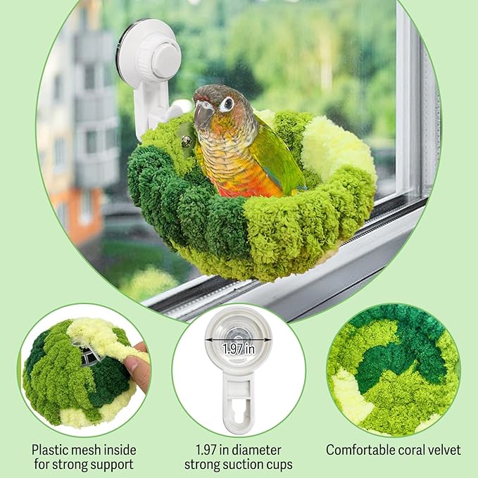 kathson kathon Window Bird Bed with Suction Cup, Winter Warm Bird Plush Nest Parrot Sleeping Bed for Budgie Lovebird Conure Quaker (Diameter 6.7in, Green)