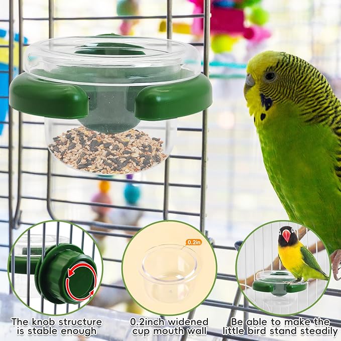 PINVNBY 4 PCS Bird Food Bowl Bird Cage Feeder with Clamp, Easy to Install Feeding Dish Cups Transparency Parakeet Food Dish for Finches Lovebirds and Long-Tailed Parrots （Green）